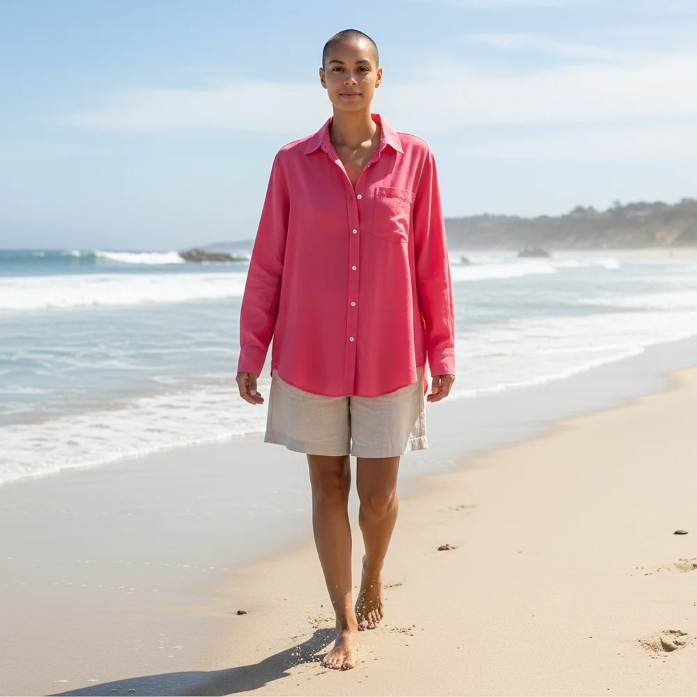J. Crew Womens Pink Voile Beach Swim Shirt‎ Long Light Weight Button Up Size M